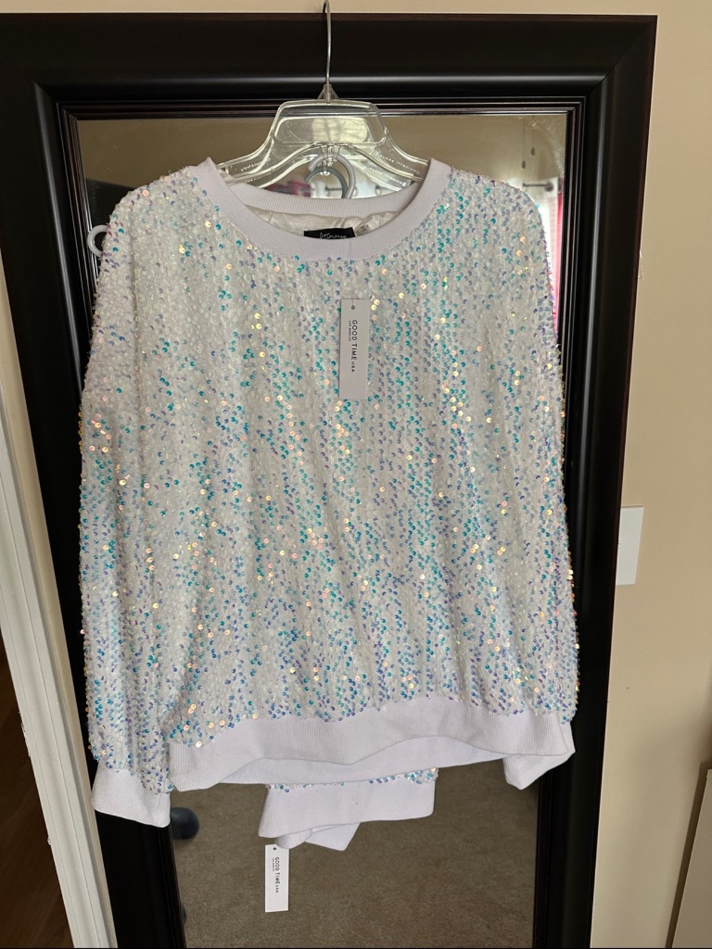 Sequin Embellished White Pullover Sweater/Pants Set by GOOD Time